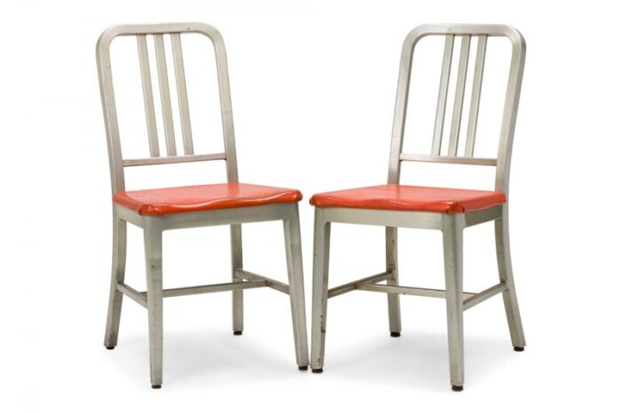 goodform american mid century aluminum and red vinyl side chairs a pair 2321