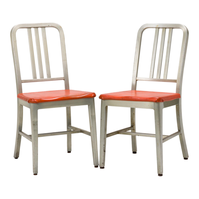 goodform american mid century aluminum and red vinyl side chairs a pair 8657