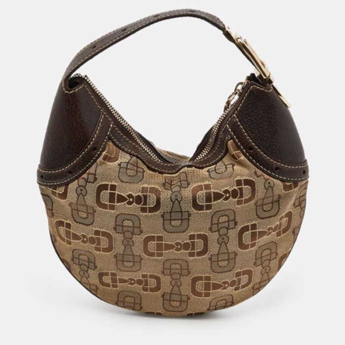 gucci beigeebony horsebit print canvas and leather mini hobo 2470