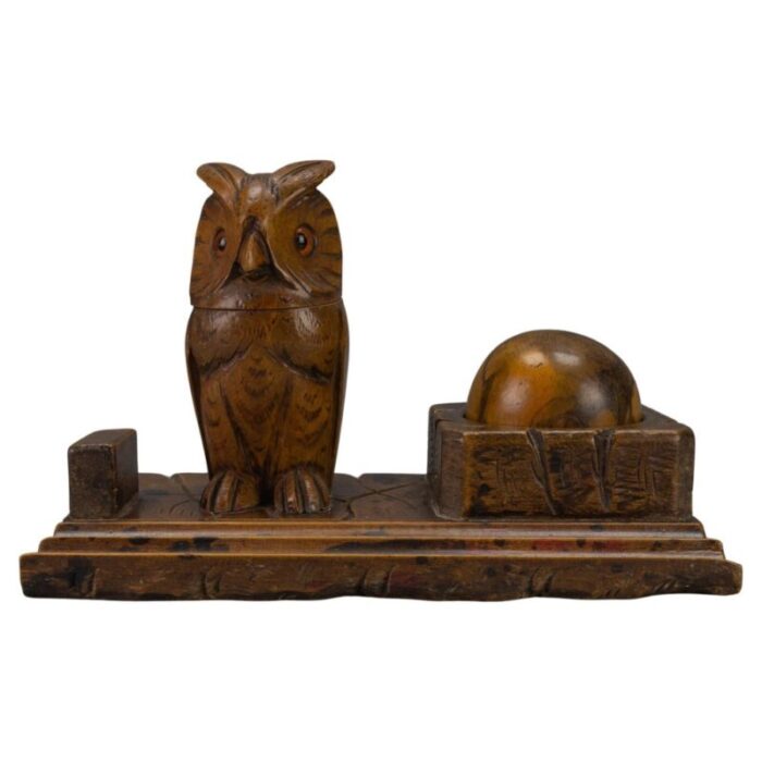 hand carved wooden inkwell or pen stand with owl figure 1920s 1