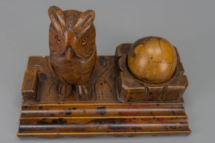 hand carved wooden inkwell or pen stand with owl figure 1920s 10