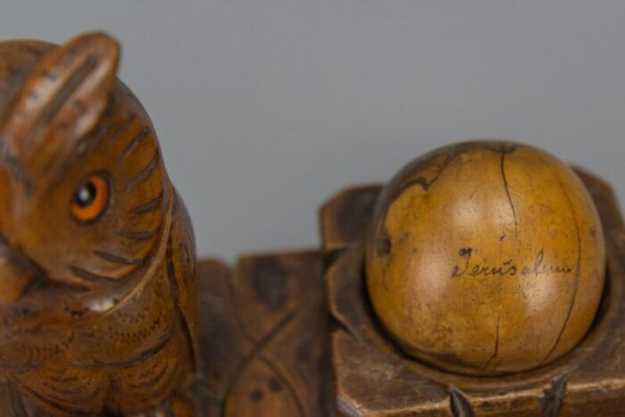 hand carved wooden inkwell or pen stand with owl figure 1920s 11