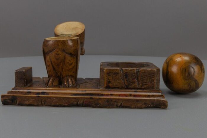 hand carved wooden inkwell or pen stand with owl figure 1920s 13