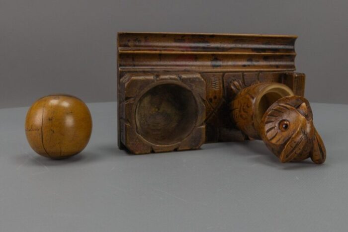 hand carved wooden inkwell or pen stand with owl figure 1920s 15