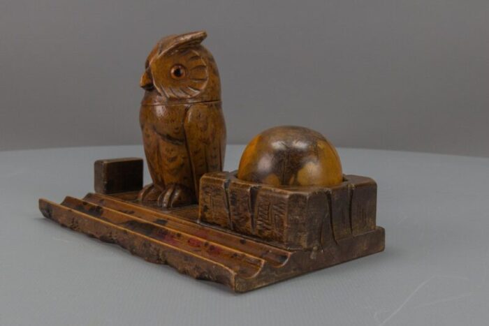 hand carved wooden inkwell or pen stand with owl figure 1920s 16