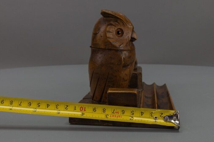 hand carved wooden inkwell or pen stand with owl figure 1920s 18