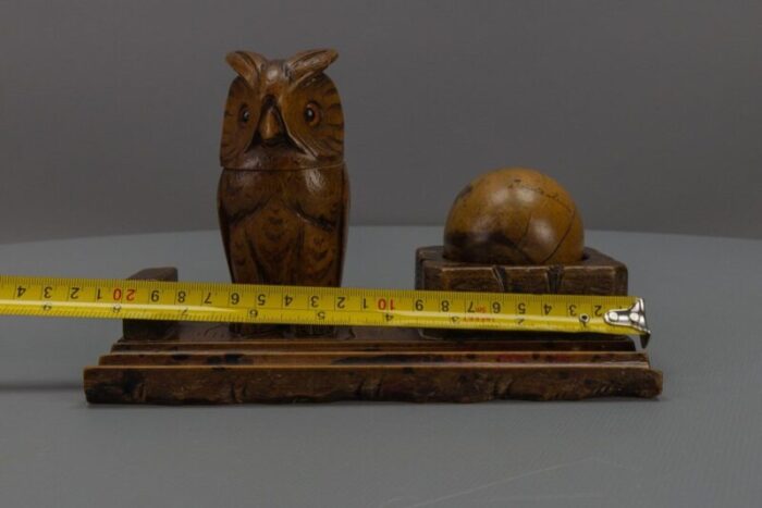 hand carved wooden inkwell or pen stand with owl figure 1920s 19