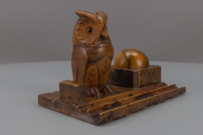 hand carved wooden inkwell or pen stand with owl figure 1920s 2