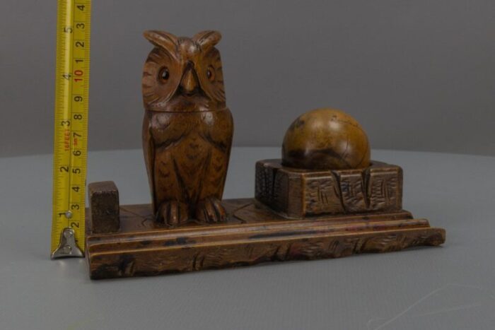 hand carved wooden inkwell or pen stand with owl figure 1920s 20