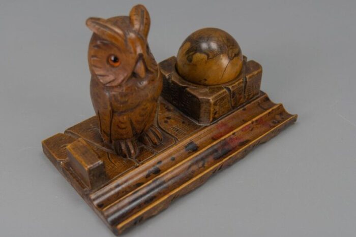 hand carved wooden inkwell or pen stand with owl figure 1920s 3