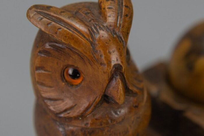 hand carved wooden inkwell or pen stand with owl figure 1920s 4