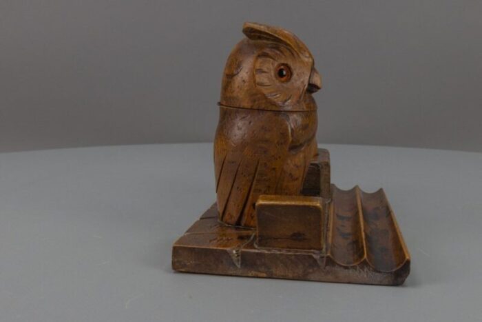 hand carved wooden inkwell or pen stand with owl figure 1920s 5