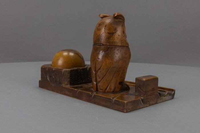 hand carved wooden inkwell or pen stand with owl figure 1920s 6