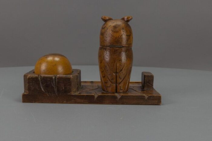 hand carved wooden inkwell or pen stand with owl figure 1920s 7