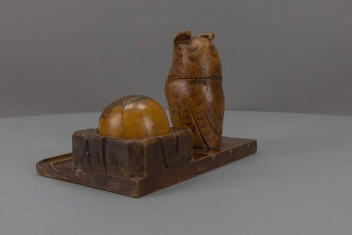 hand carved wooden inkwell or pen stand with owl figure 1920s 8