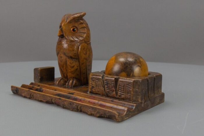 hand carved wooden inkwell or pen stand with owl figure 1920s 9