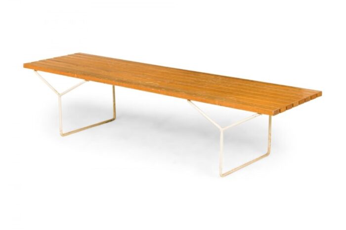 harry bertoia for knoll international american mid century wooden slat and white metal bench 7172