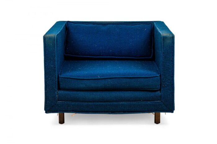 harvey probber american mid century cube form blue textured fabric upholstered lounge armchair 3070