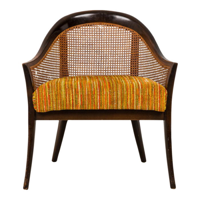 harvey probber american mid century dark wood caning and striped upholstery armchair 0375