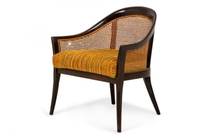 harvey probber american mid century dark wood caning and striped upholstery armchair 9340