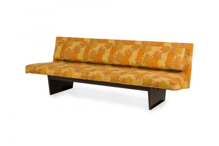 harvey probber american mid century gold and orange patterned upholstered sled base sofa 2402