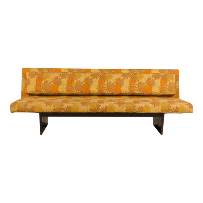 harvey probber american mid century gold and orange patterned upholstered sled base sofa 7942