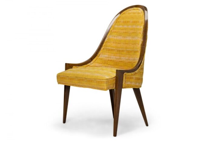 harvey probber american mid century gondola mahogany and gold woven upholstery pull up side chair 2216