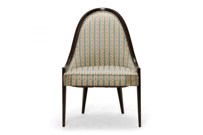 harvey probber american mid century gondola mahogany and striped upholstery pull up side chair 6924