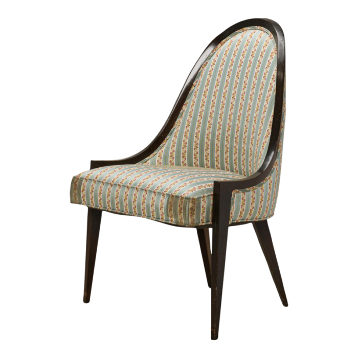 harvey probber american mid century gondola mahogany and striped upholstery pull up side chair 9840