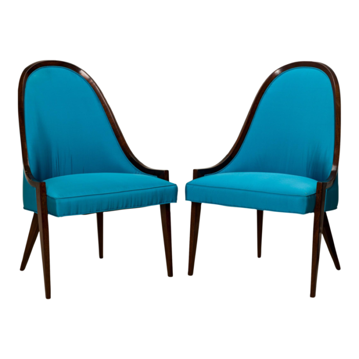 harvey probber american mid century peacock blue gondola mahogany pull up side chairs a pair 8643