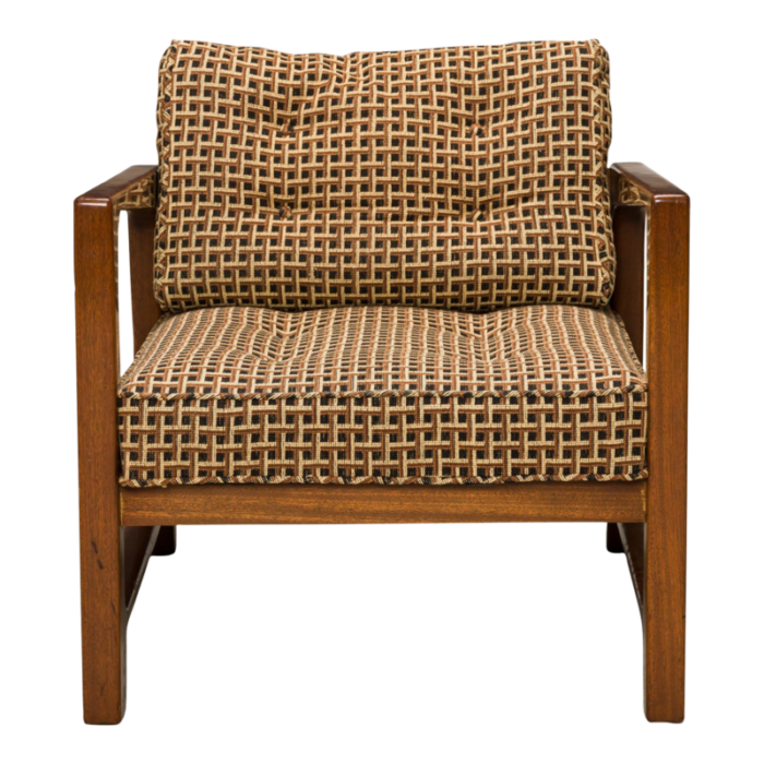 harvey probber american mid century shaped walnut and geometric brown upholstered lounge armchair 3548