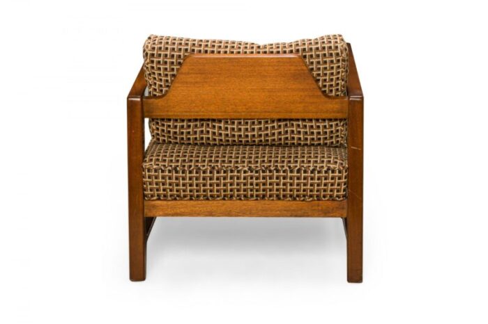 harvey probber american mid century shaped walnut and geometric brown upholstered lounge armchair 5148