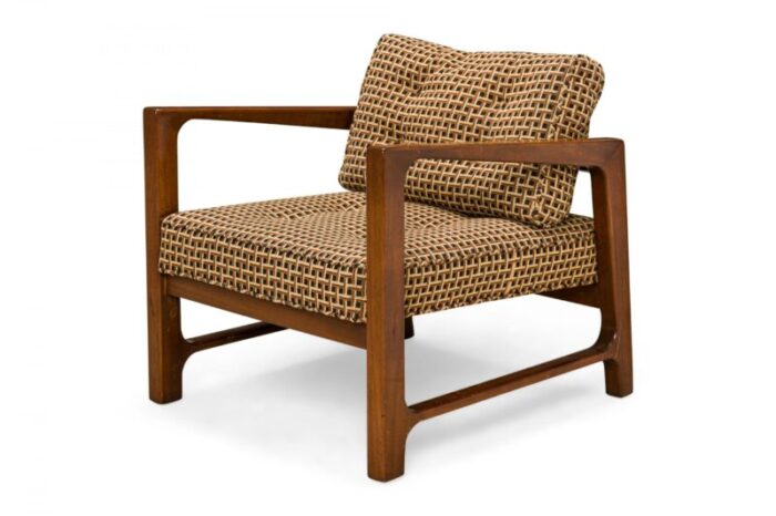 harvey probber american mid century shaped walnut and geometric brown upholstered lounge armchair 7902