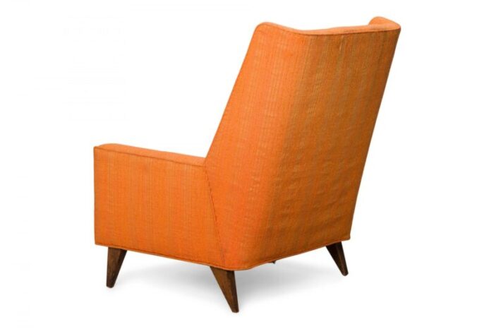 harvey probber american mid century tall back orange fabric upholstered arm lounge chair 0423