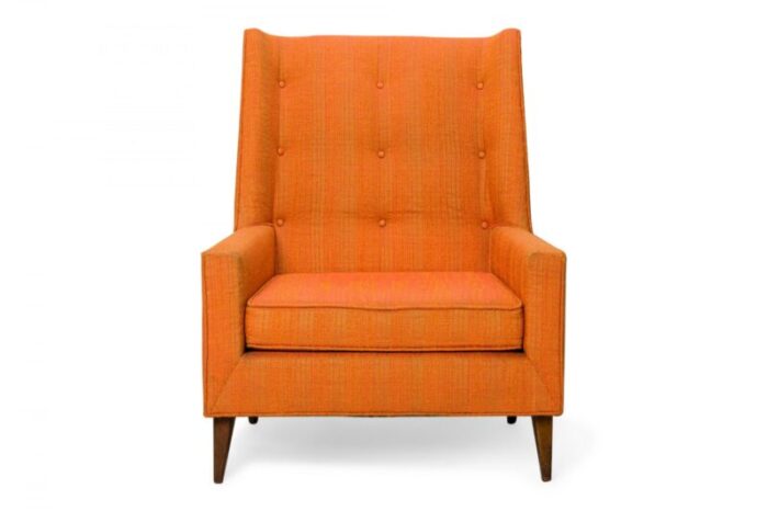 harvey probber american mid century tall back orange fabric upholstered arm lounge chair 3226