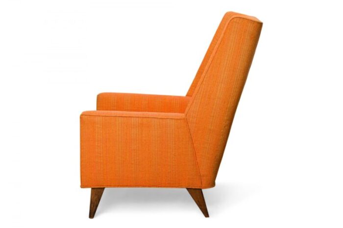 harvey probber american mid century tall back orange fabric upholstered arm lounge chair 4217