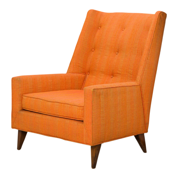 harvey probber american mid century tall back orange fabric upholstered arm lounge chair 4800