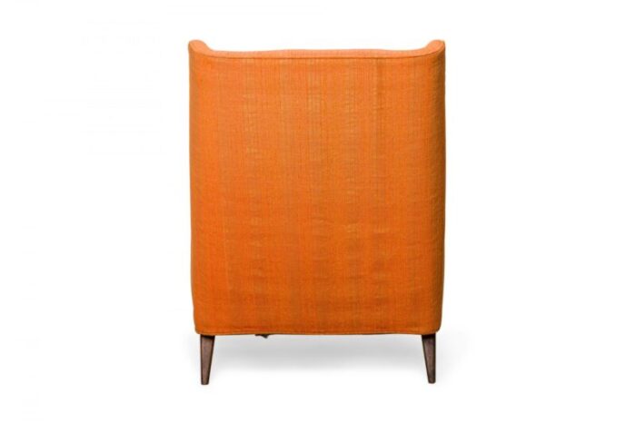 harvey probber american mid century tall back orange fabric upholstered arm lounge chair 8104