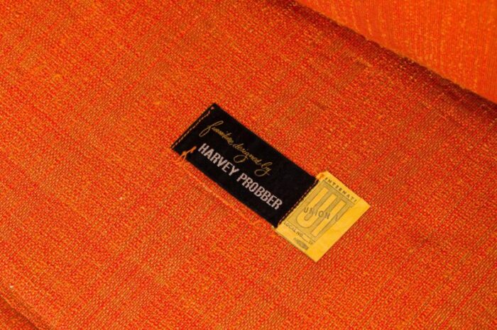 harvey probber american mid century tall back orange fabric upholstered arm lounge chair 8868