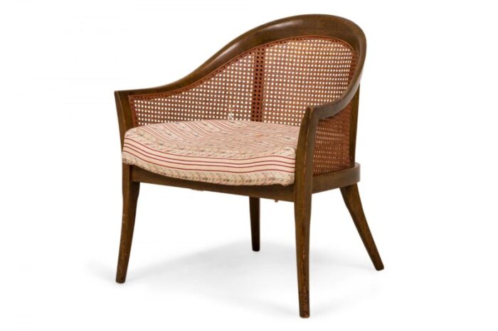 harvey probber american mid century wood caning and striped upholstery armchair 0255