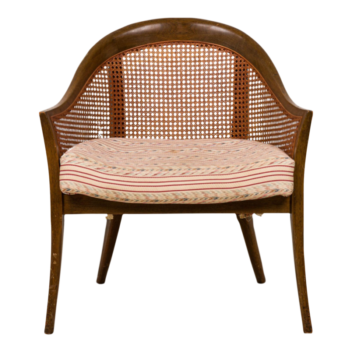 harvey probber american mid century wood caning and striped upholstery armchair 4933