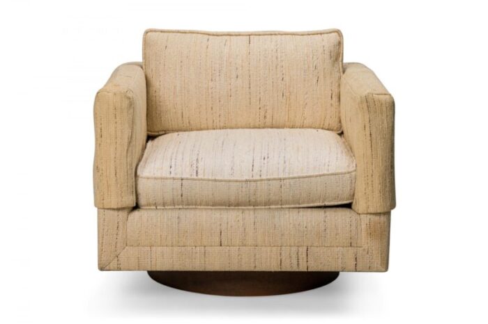 harvey probber american mid century woven beige fabric upholstered cube swivel lounge armchair 6821