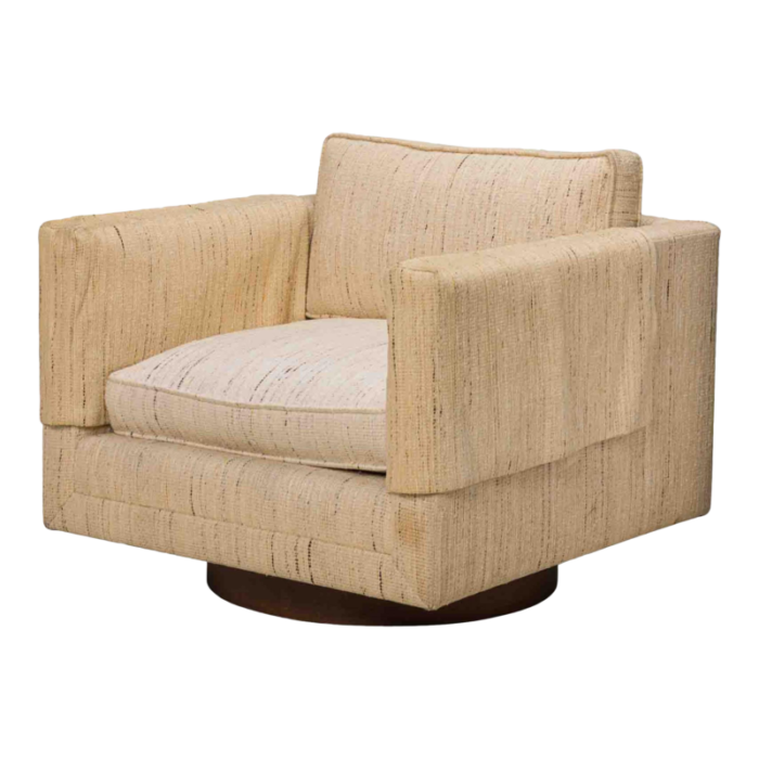 harvey probber american mid century woven beige fabric upholstered cube swivel lounge armchair 9396