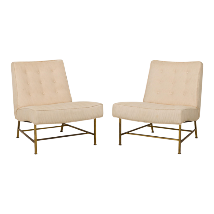 harvey probber mid century beige zig zag textured upholstery and brass slipper chairs a pair 3343