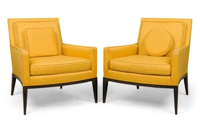 harvey probber mid century bright yellow fabric upholstered ebonized lounge armchairs a pair 0539