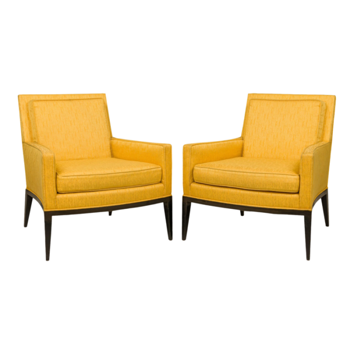 harvey probber mid century bright yellow fabric upholstered ebonized lounge armchairs a pair 2787