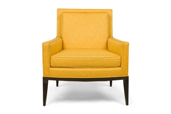 harvey probber mid century bright yellow fabric upholstered ebonized lounge armchairs a pair 5675