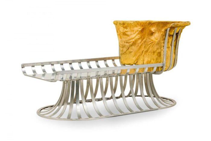 herbert saiger for lee l woodard and sons mid century aluminum and gold upholstered tulip base chaise 5152