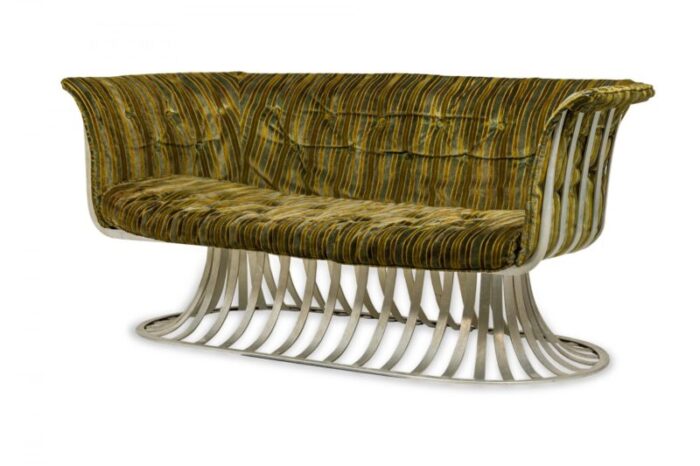 herbert saiger for lee l woodard and sons mid century aluminum and green upholstered tulip base settee 7192