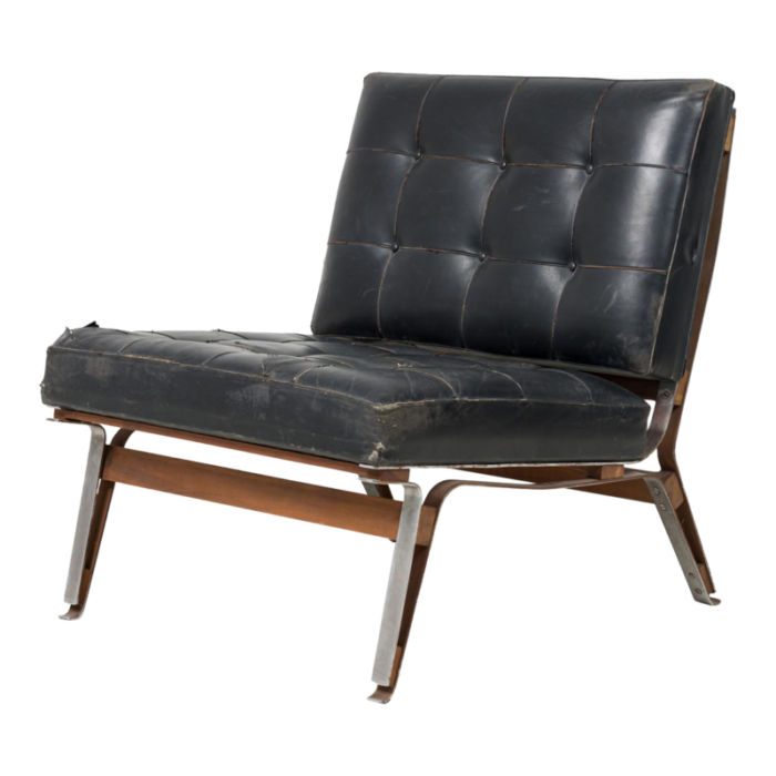 ico parisi mid century italian metal and black leather upholstered slipper chair 7214